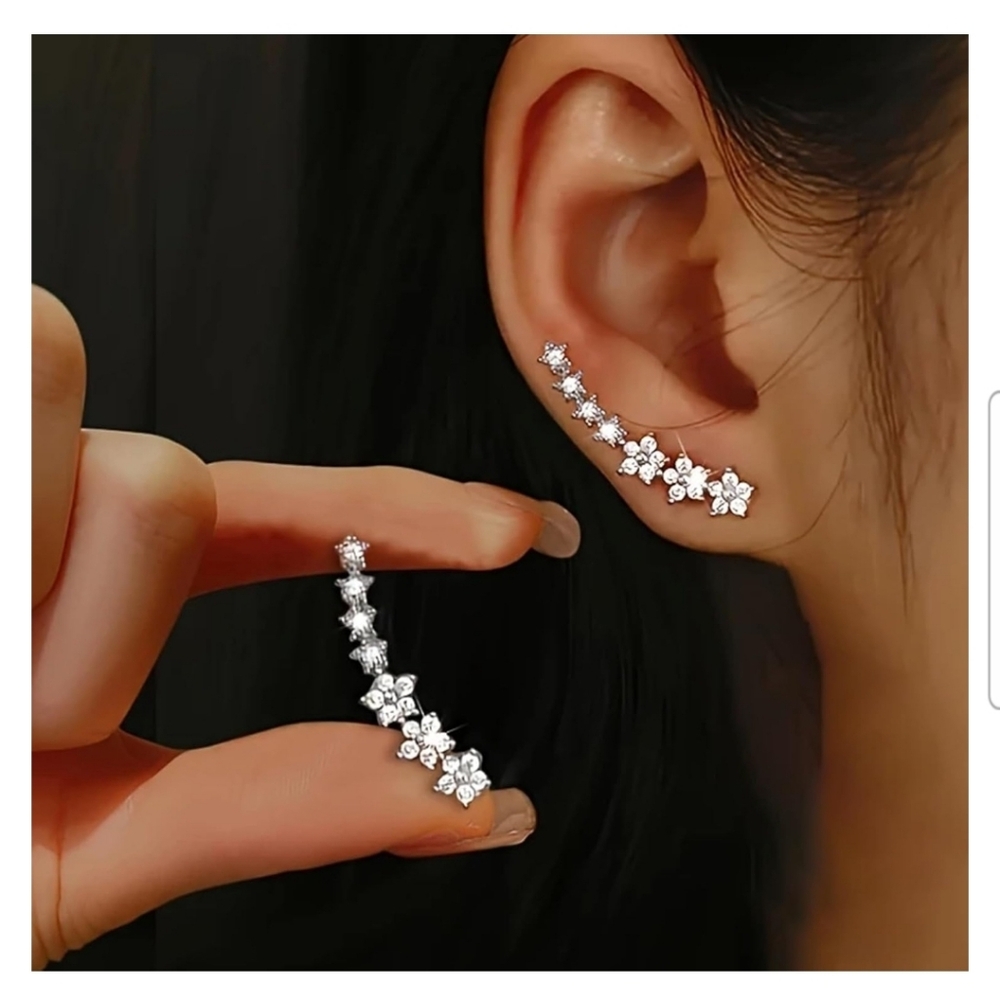 925 Sterling Silver Blossom Ear Climbers - Silver Crawler Earrings